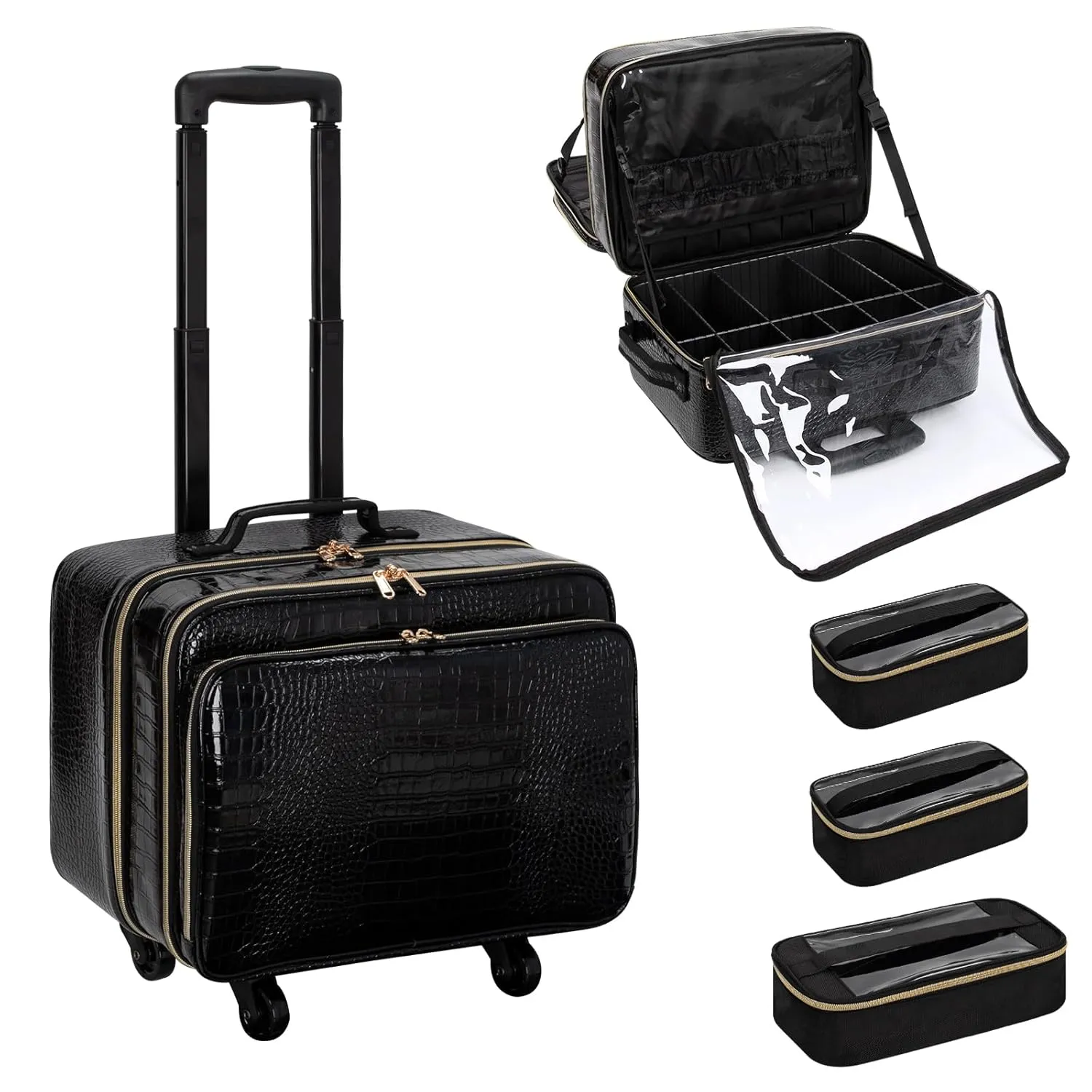 OCHEAL Rolling Makeup Train Case, 18"Carry On Travel Cosmetic Organizer Suitcase,Extra Large Storage Trolley Makeup Case On Wheels,3 Layers with 3pcs Traveling Bags, for Hairstylist Cosmetology Artist