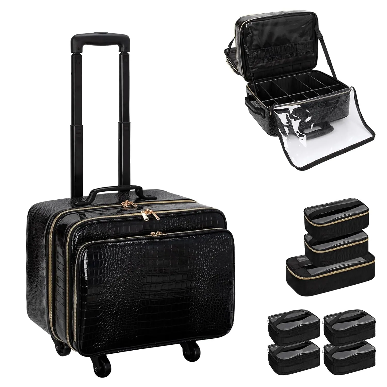 OCHEAL Rolling Makeup Train Case,with 7 Pcs Clear Makeup Bags, 18" Carry On Travel Cosmetic Organizer Suitcase,Extra Large Storage Trolley Makeup Case On Wheels for Hairstylist Cosmetology Artist