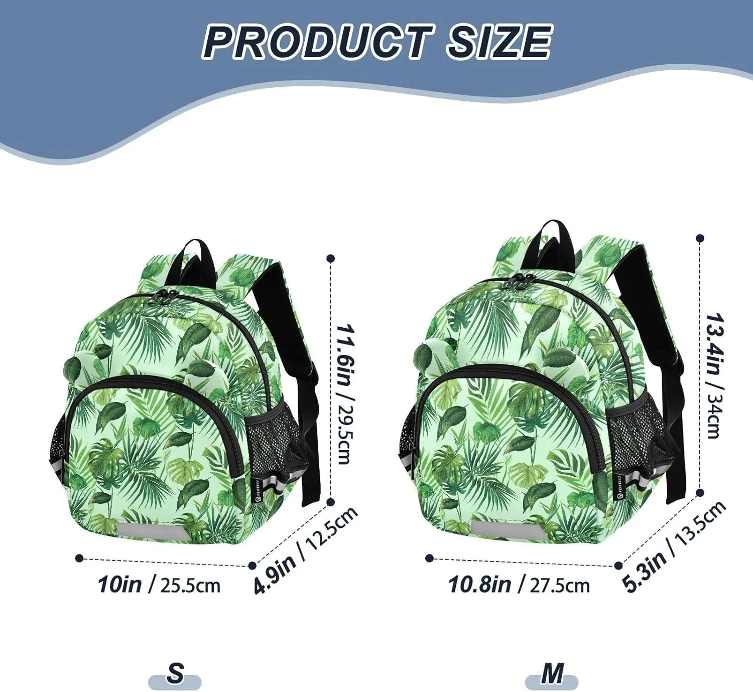 ODAWA Leash Backpacks with Reflective Strips, Tropical Leaves Green Preschool Mini Backpack 3-6 Years