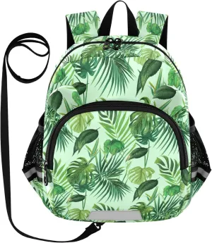 ODAWA Leash Backpacks with Reflective Strips, Tropical Leaves Green Preschool Mini Backpack 3-6 Years