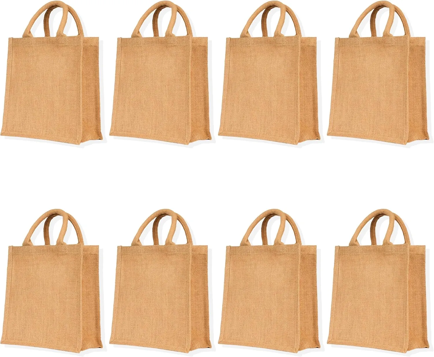 Pack of 8 Eco-Friendly Small Jute Bags – Reusable Beach & Grocery Totes with Gusset and Padded Handles, Tote bag for Bridesmaid & Earth-Friendly Design by JUCOBEE, Natural