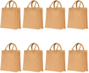 Pack of 8 Eco-Friendly Small Jute Bags – Reusable Beach & Grocery Totes with Gusset and Padded Handles, Tote bag for Bridesmaid & Earth-Friendly Design by JUCOBEE, Natural