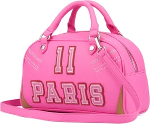 Paris Hilton Varsity Bowler Satchel Hand Bag Purse with Removable Strap Vegan Leather Black Pink Sporty