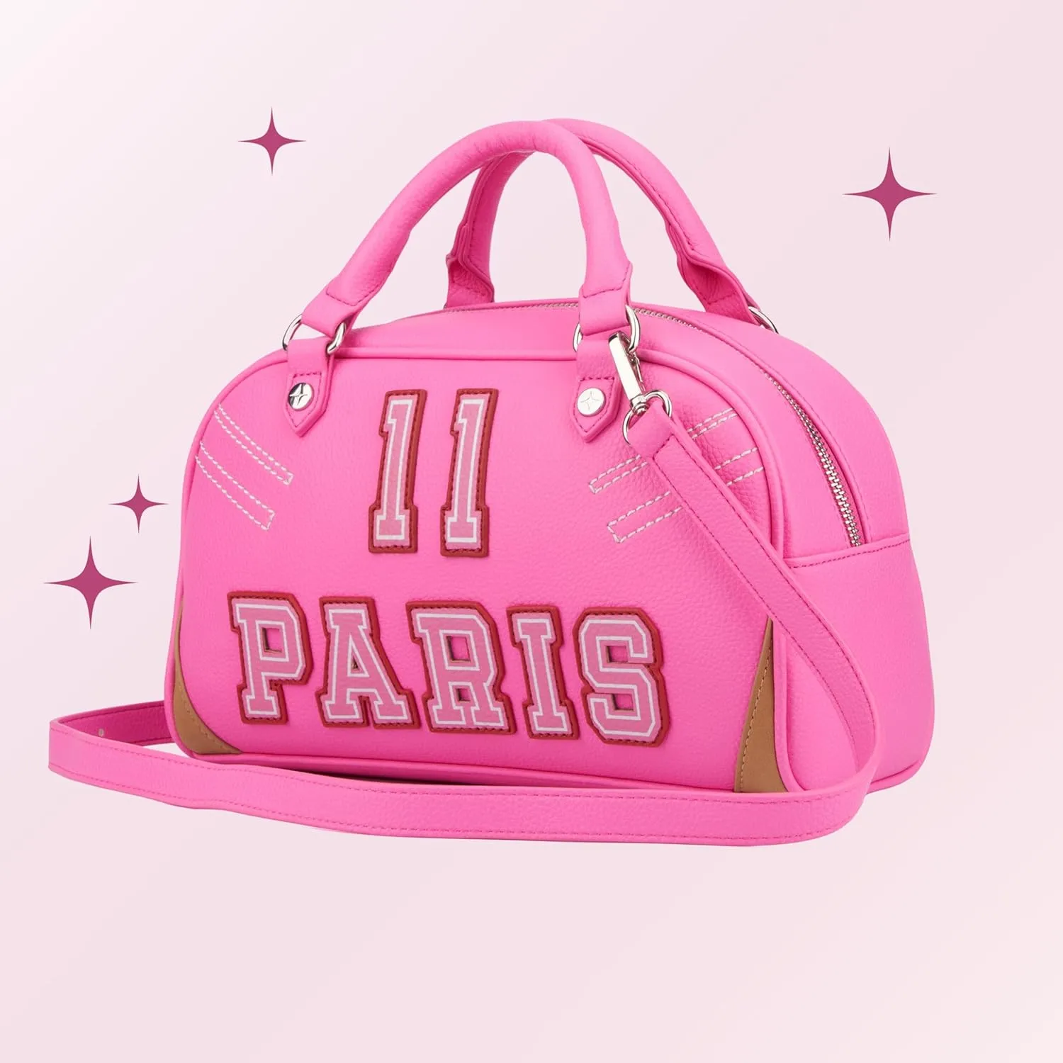 Paris Hilton Varsity Bowler Satchel Hand Bag Purse with Removable Strap Vegan Leather Black Pink Sporty