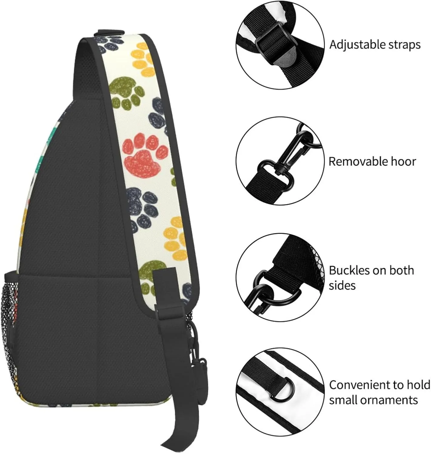 Paw Print Sling Bag for Women Men Colorful Hand Drawn Doodle Paw Prints Rainbow Puppy Footprint Crossbody Chest Shoulder Bag Cute Animal Pet Claws Backpack Casual Gym Travel Hiking Daypack