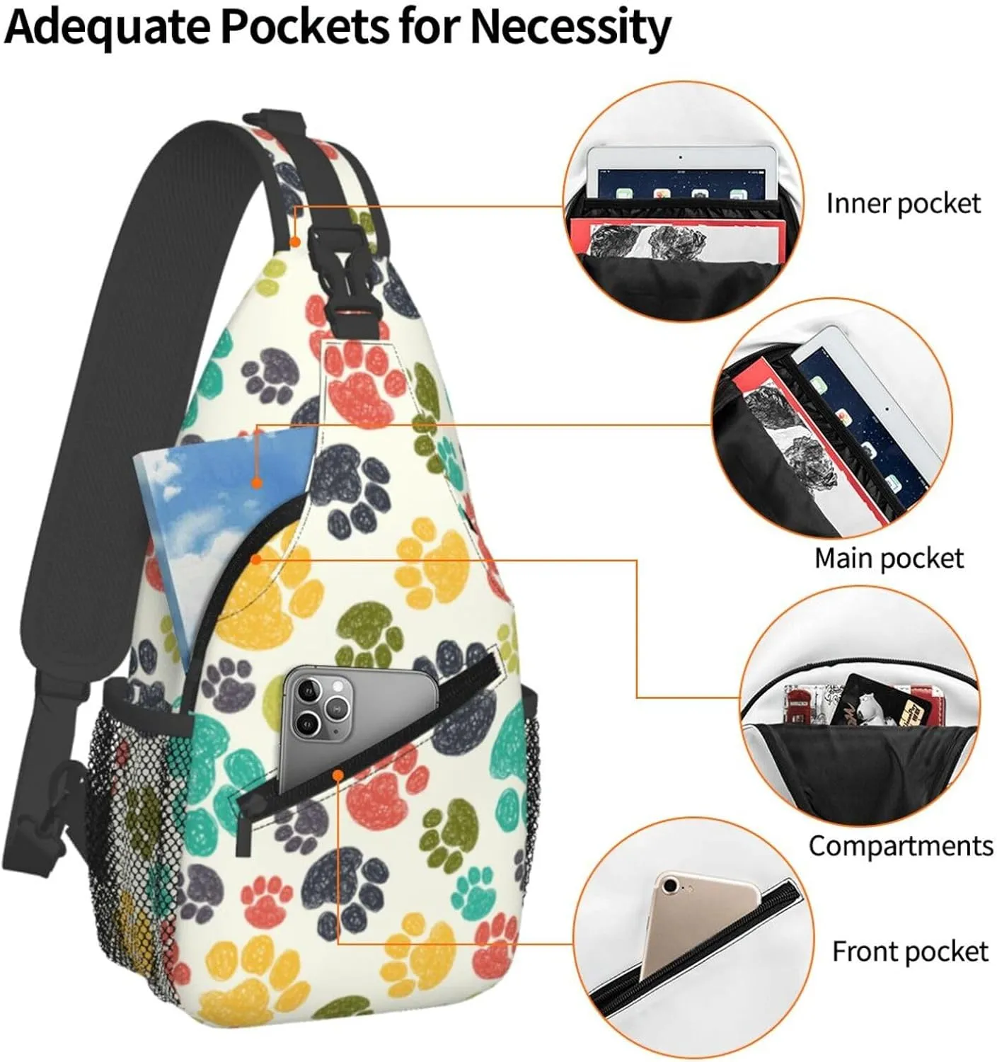 Paw Print Sling Bag for Women Men Colorful Hand Drawn Doodle Paw Prints Rainbow Puppy Footprint Crossbody Chest Shoulder Bag Cute Animal Pet Claws Backpack Casual Gym Travel Hiking Daypack
