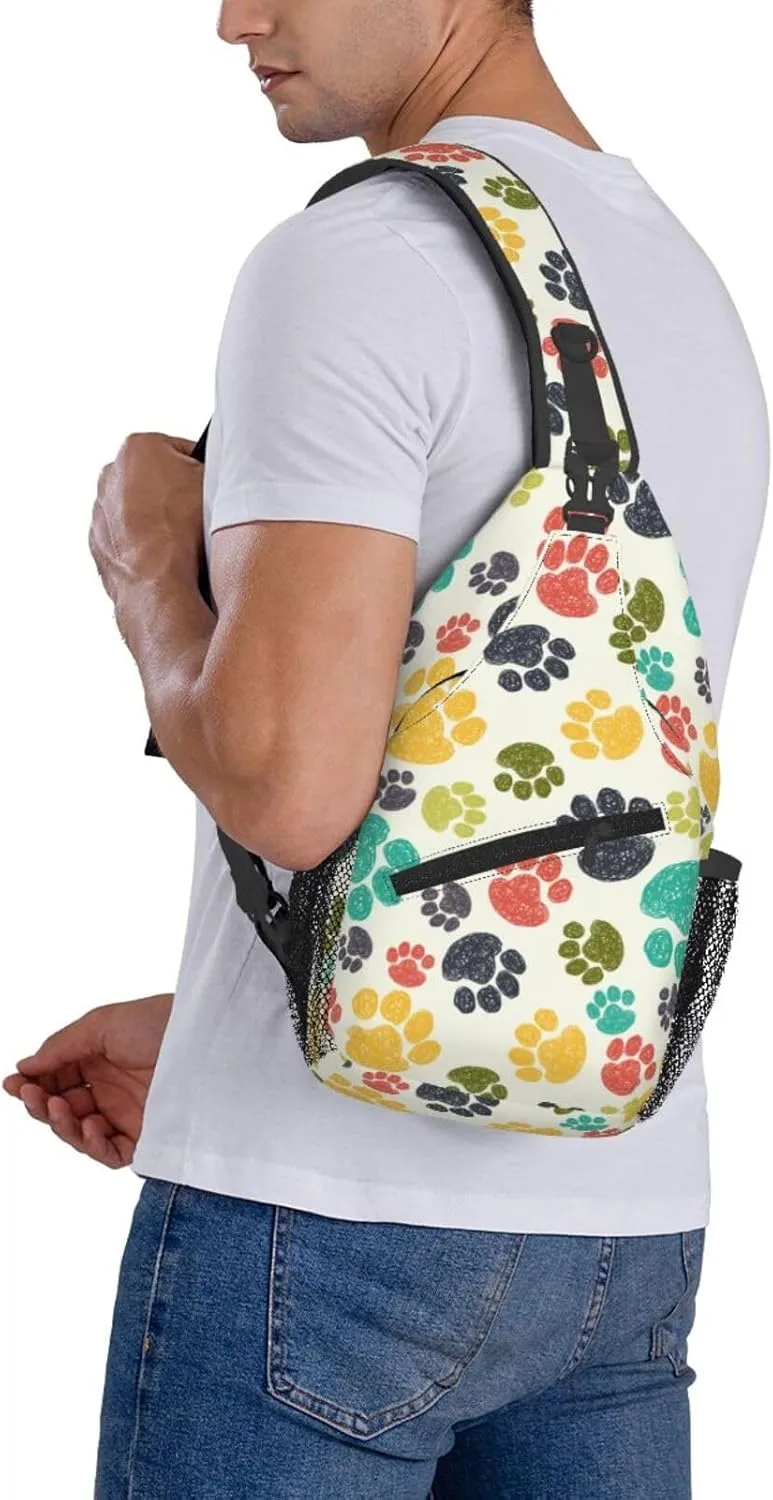 Paw Print Sling Bag for Women Men Colorful Hand Drawn Doodle Paw Prints Rainbow Puppy Footprint Crossbody Chest Shoulder Bag Cute Animal Pet Claws Backpack Casual Gym Travel Hiking Daypack