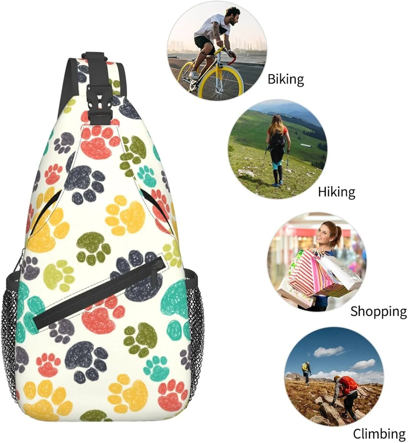 Paw Print Sling Bag for Women Men Colorful Hand Drawn Doodle Paw Prints Rainbow Puppy Footprint Crossbody Chest Shoulder Bag Cute Animal Pet Claws Backpack Casual Gym Travel Hiking Daypack