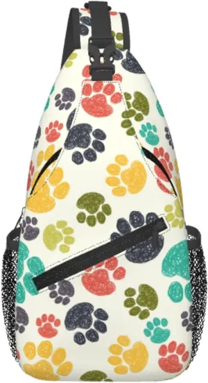 Paw Print Sling Bag for Women Men Colorful Hand Drawn Doodle Paw Prints Rainbow Puppy Footprint Crossbody Chest Shoulder Bag Cute Animal Pet Claws Backpack Casual Gym Travel Hiking Daypack