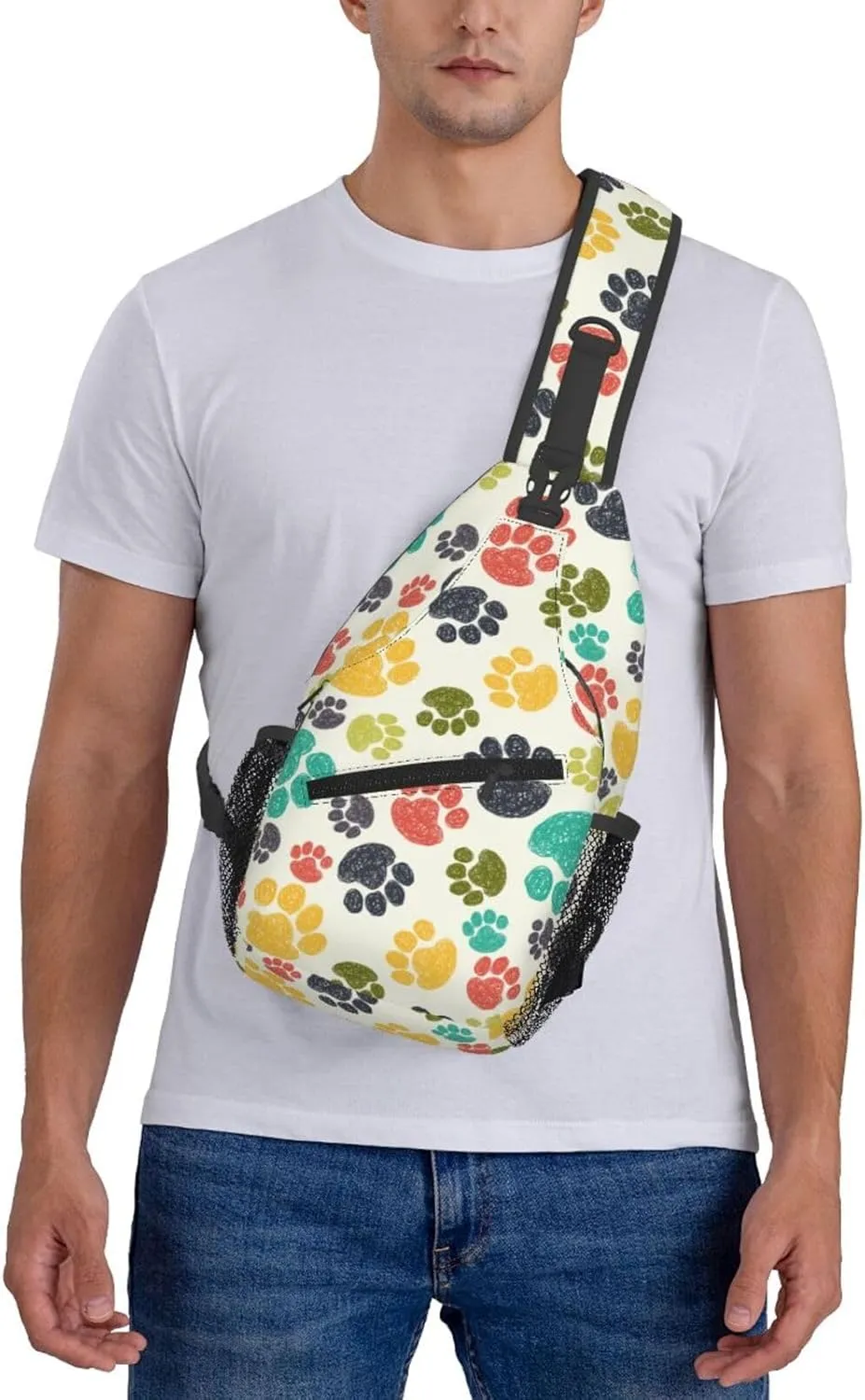 Paw Print Sling Bag for Women Men Colorful Hand Drawn Doodle Paw Prints Rainbow Puppy Footprint Crossbody Chest Shoulder Bag Cute Animal Pet Claws Backpack Casual Gym Travel Hiking Daypack