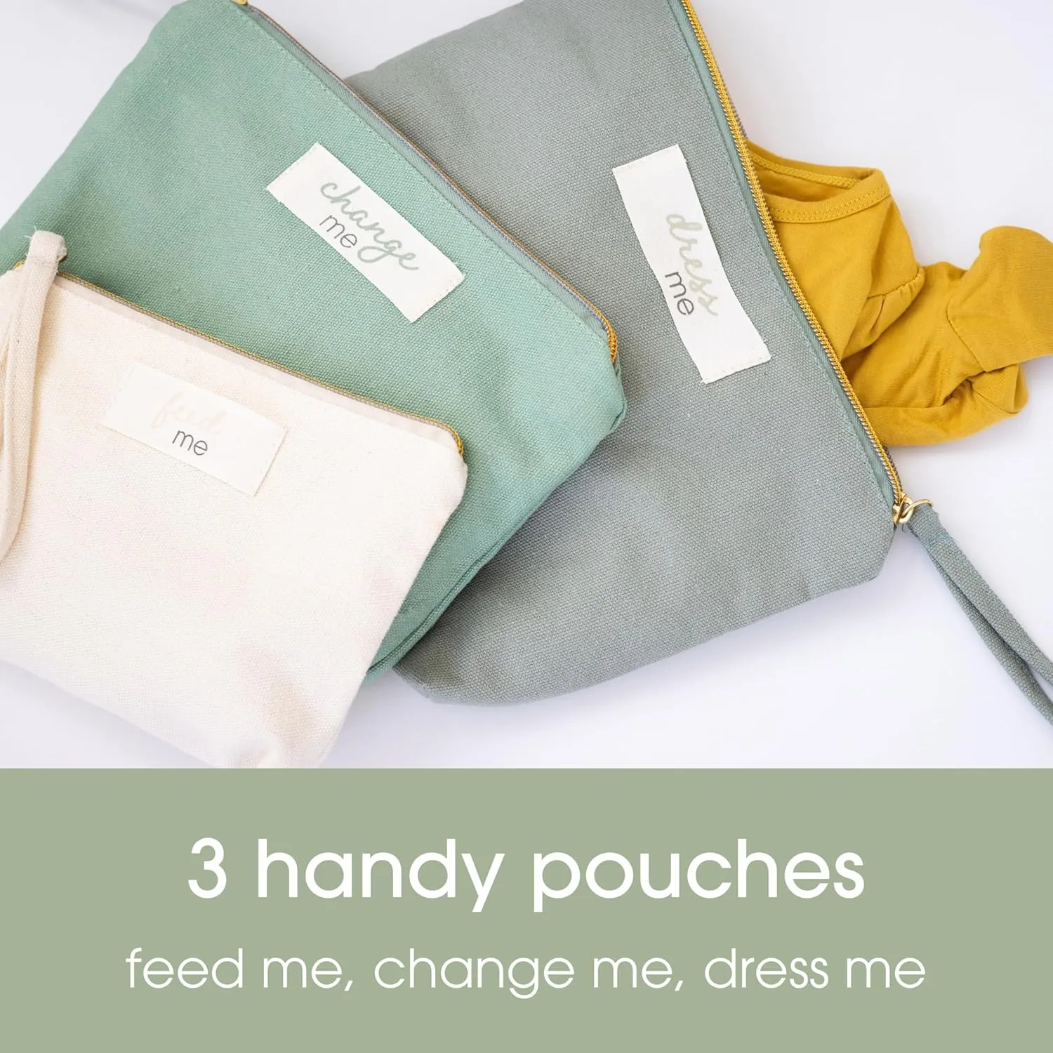 Pearhead Baby Diaper Bag Organizing Pouch Set – Feed Me, Change Me, Dress Me – Zip Pouches Made from Recycled Cotton, Gender Neutral Diaper Bag Accessories and Baby Essentials Organizer - Set of 3