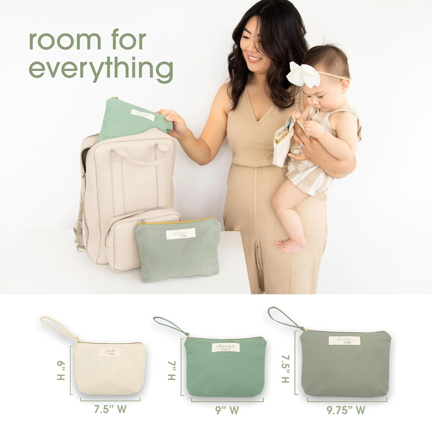 Pearhead Baby Diaper Bag Organizing Pouch Set – Feed Me, Change Me, Dress Me – Zip Pouches Made from Recycled Cotton, Gender Neutral Diaper Bag Accessories and Baby Essentials Organizer - Set of 3