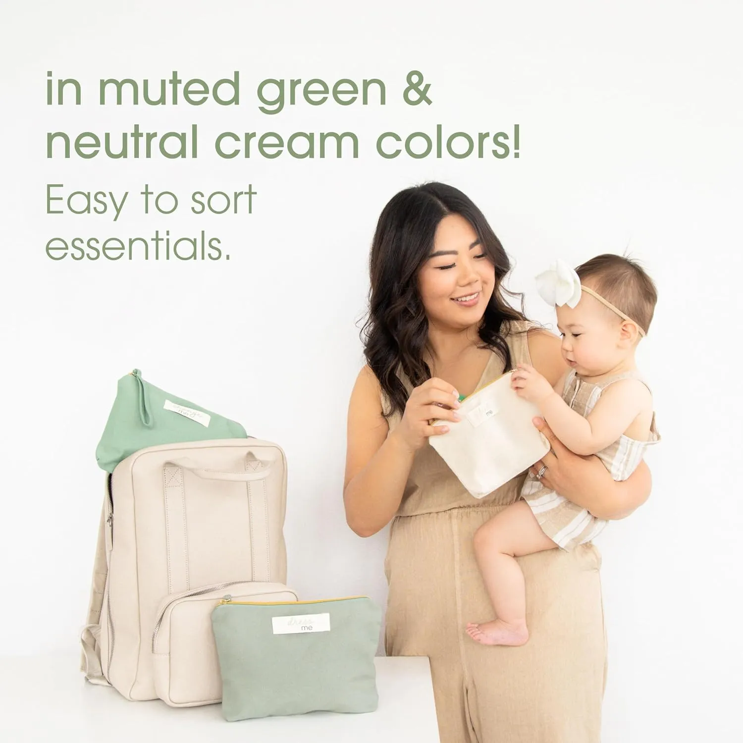 Pearhead Baby Diaper Bag Organizing Pouch Set – Feed Me, Change Me, Dress Me – Zip Pouches Made from Recycled Cotton, Gender Neutral Diaper Bag Accessories and Baby Essentials Organizer - Set of 3