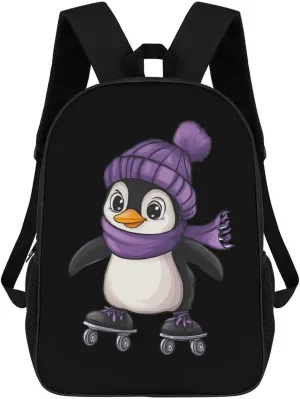 Penguin Skating Roller Skates Sports Travel Backpack 17 Inch Laptop Bag Carry On Backpack Casual Daypack for Weekender Business Hiking