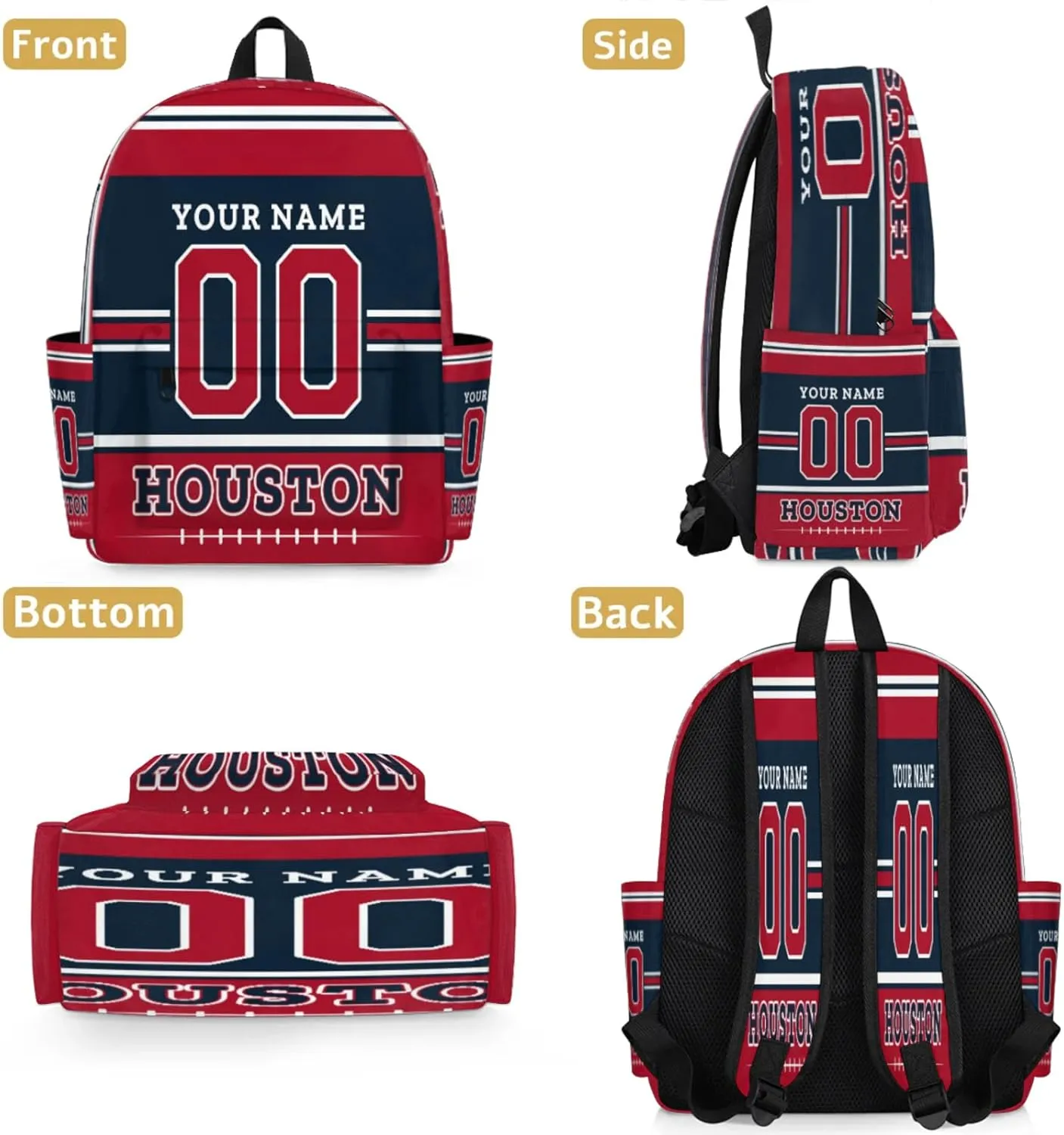 Personalized American Football Backpack Bags with Name, Rugby Custom Large Capacity Waterproof Shoulder Bags, Casual Daypack, Houston