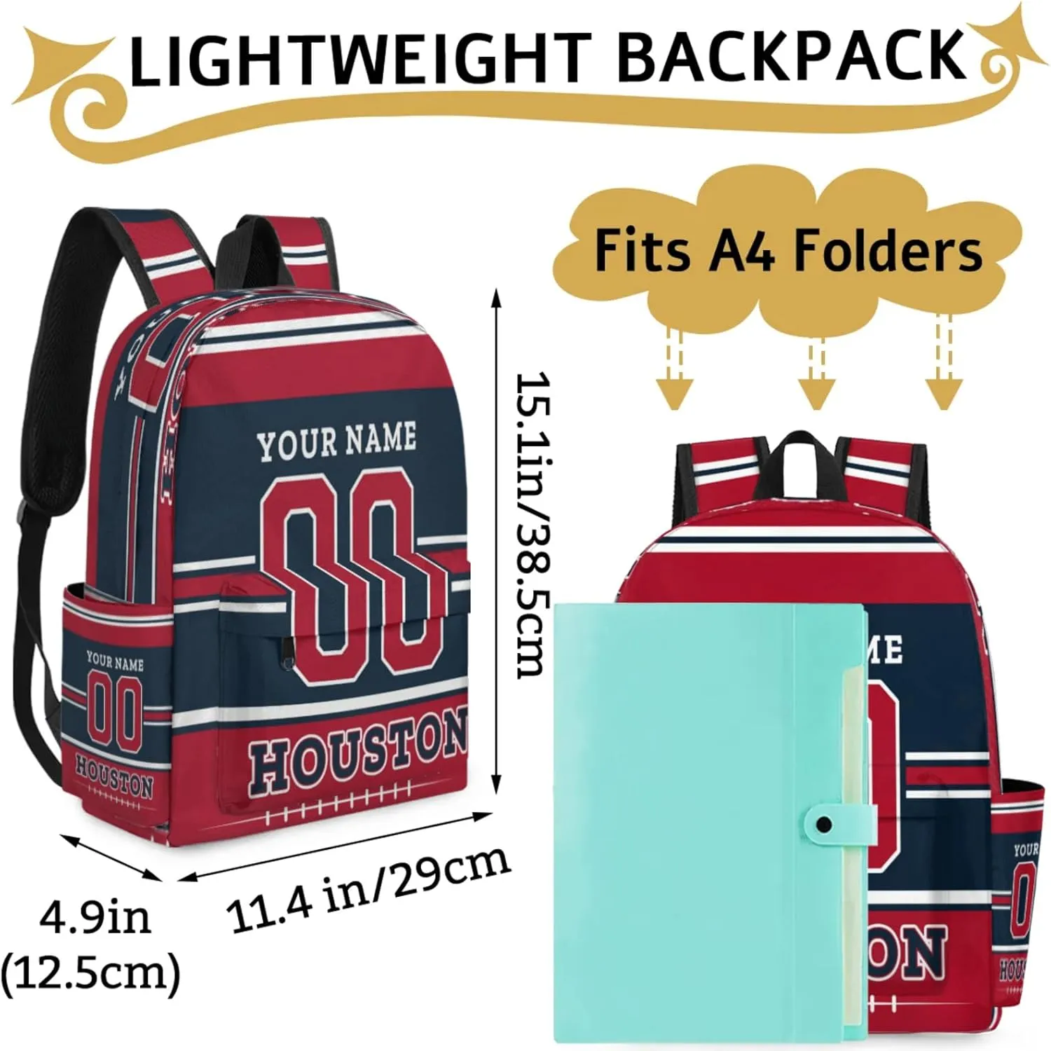 Personalized American Football Backpack Bags with Name, Rugby Custom Large Capacity Waterproof Shoulder Bags, Casual Daypack, Houston