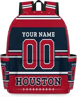Personalized American Football Backpack Bags with Name, Rugby Custom Large Capacity Waterproof Shoulder Bags, Casual Daypack, Houston