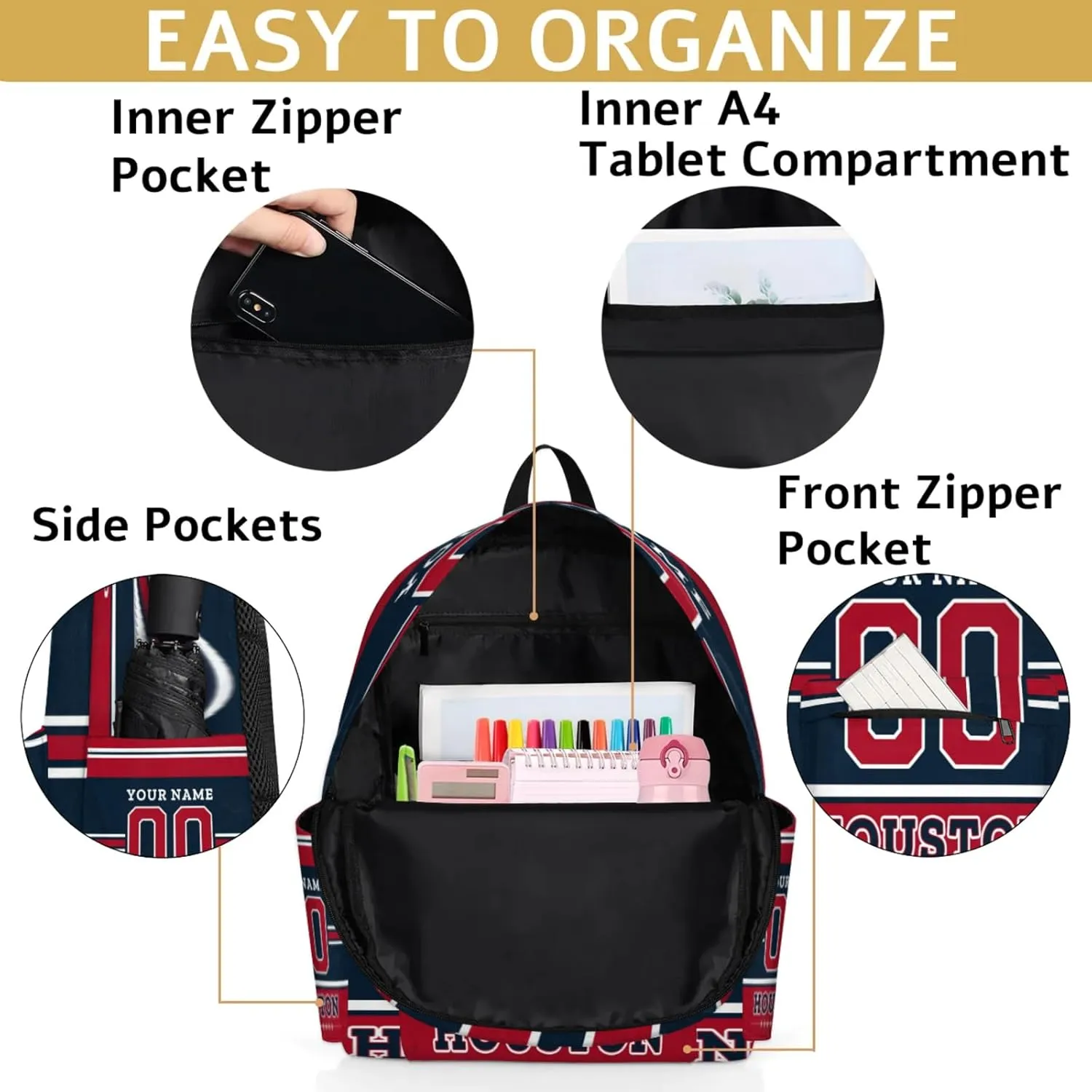 Personalized American Football Backpack Bags with Name, Rugby Custom Large Capacity Waterproof Shoulder Bags, Casual Daypack, Houston