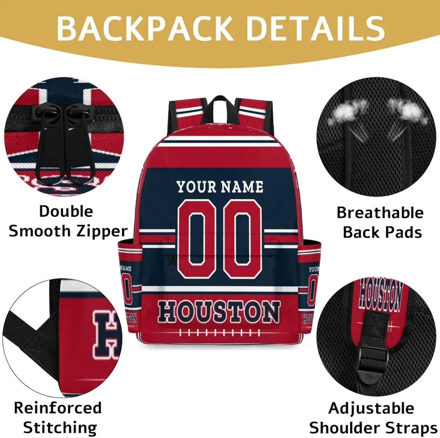 Personalized American Football Backpack Bags with Name, Rugby Custom Large Capacity Waterproof Shoulder Bags, Casual Daypack, Houston