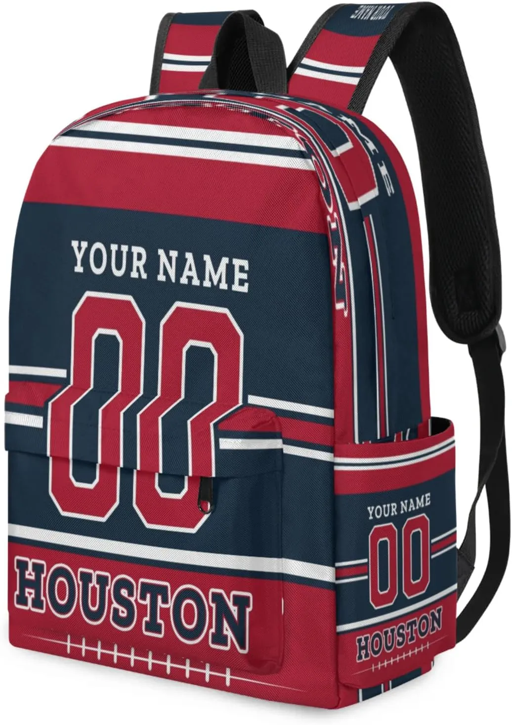 Personalized American Football Backpack Bags with Name, Rugby Custom Large Capacity Waterproof Shoulder Bags, Casual Daypack, Houston