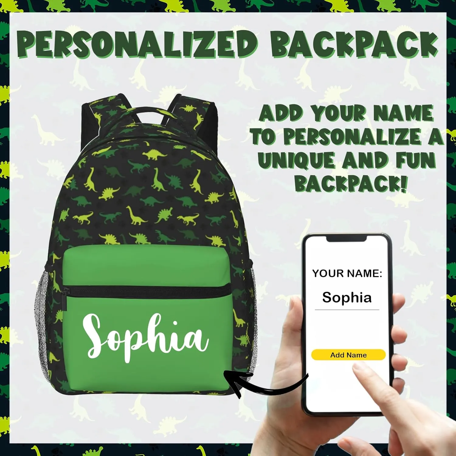 Personalized Backpack for Girls Boys, Custom Backpacks with Name for Kids, Customized Dinosaur School Bookbag for Back to School Travel Picnic 16in