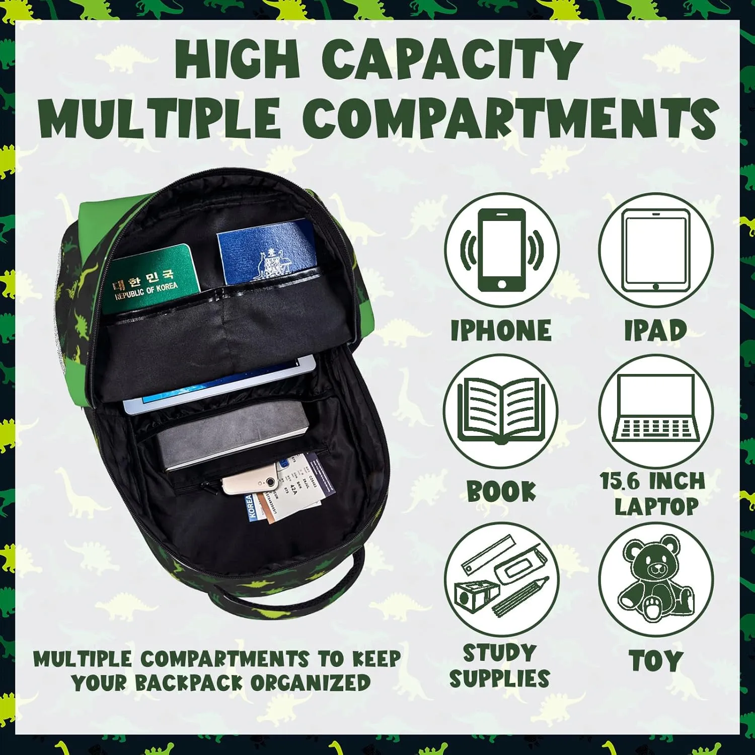 Personalized Backpack for Girls Boys, Custom Backpacks with Name for Kids, Customized Dinosaur School Bookbag for Back to School Travel Picnic 16in