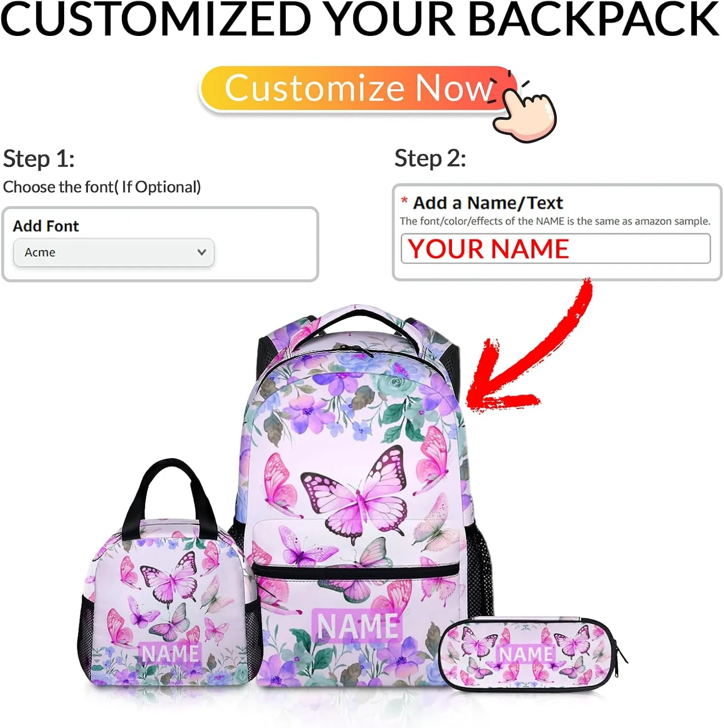 Personalized Girls Backpack for School, Butterfly Backpacks with Lunch Box Pencil Case for Girl Age 6-8, Custom Pink Kids Bookbag Combo for Preschool Elementary Middle