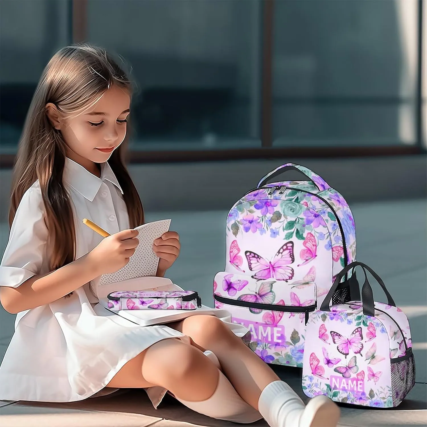 Personalized Girls Backpack for School, Butterfly Backpacks with Lunch Box Pencil Case for Girl Age 6-8, Custom Pink Kids Bookbag Combo for Preschool Elementary Middle
