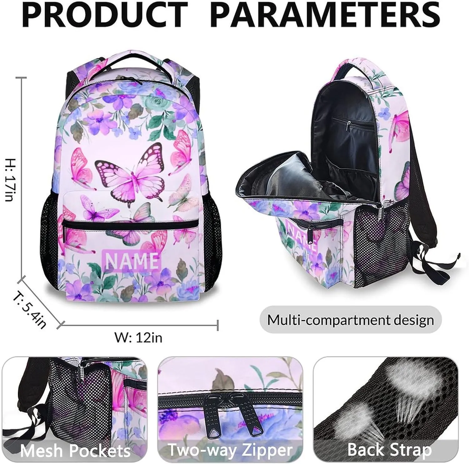 Personalized Girls Backpack for School, Butterfly Backpacks with Lunch Box Pencil Case for Girl Age 6-8, Custom Pink Kids Bookbag Combo for Preschool Elementary Middle