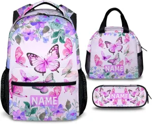 Personalized Girls Backpack for School, Butterfly Backpacks with Lunch Box Pencil Case for Girl Age 6-8, Custom Pink Kids Bookbag Combo for Preschool Elementary Middle