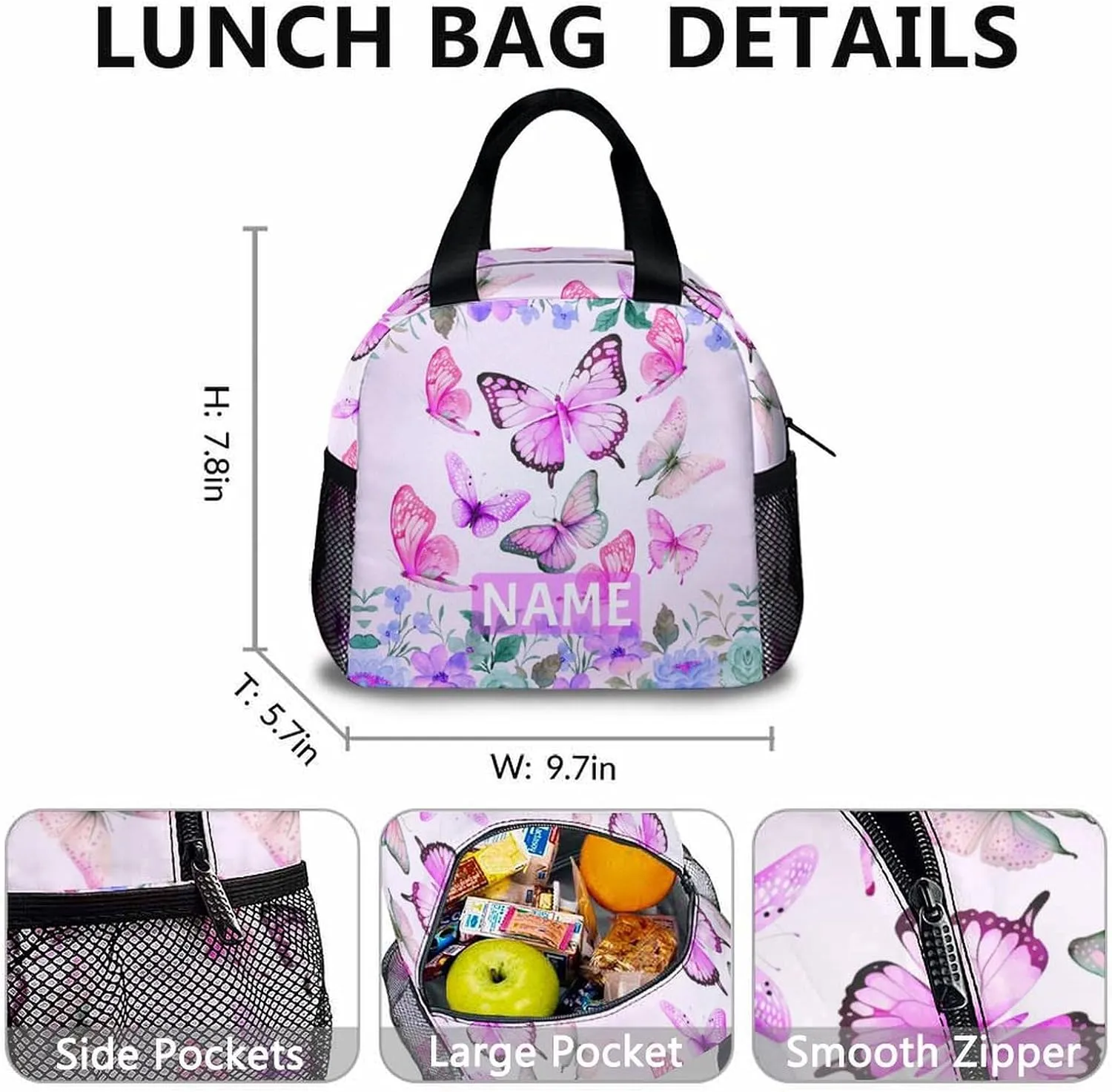 Personalized Girls Backpack for School, Butterfly Backpacks with Lunch Box Pencil Case for Girl Age 6-8, Custom Pink Kids Bookbag Combo for Preschool Elementary Middle