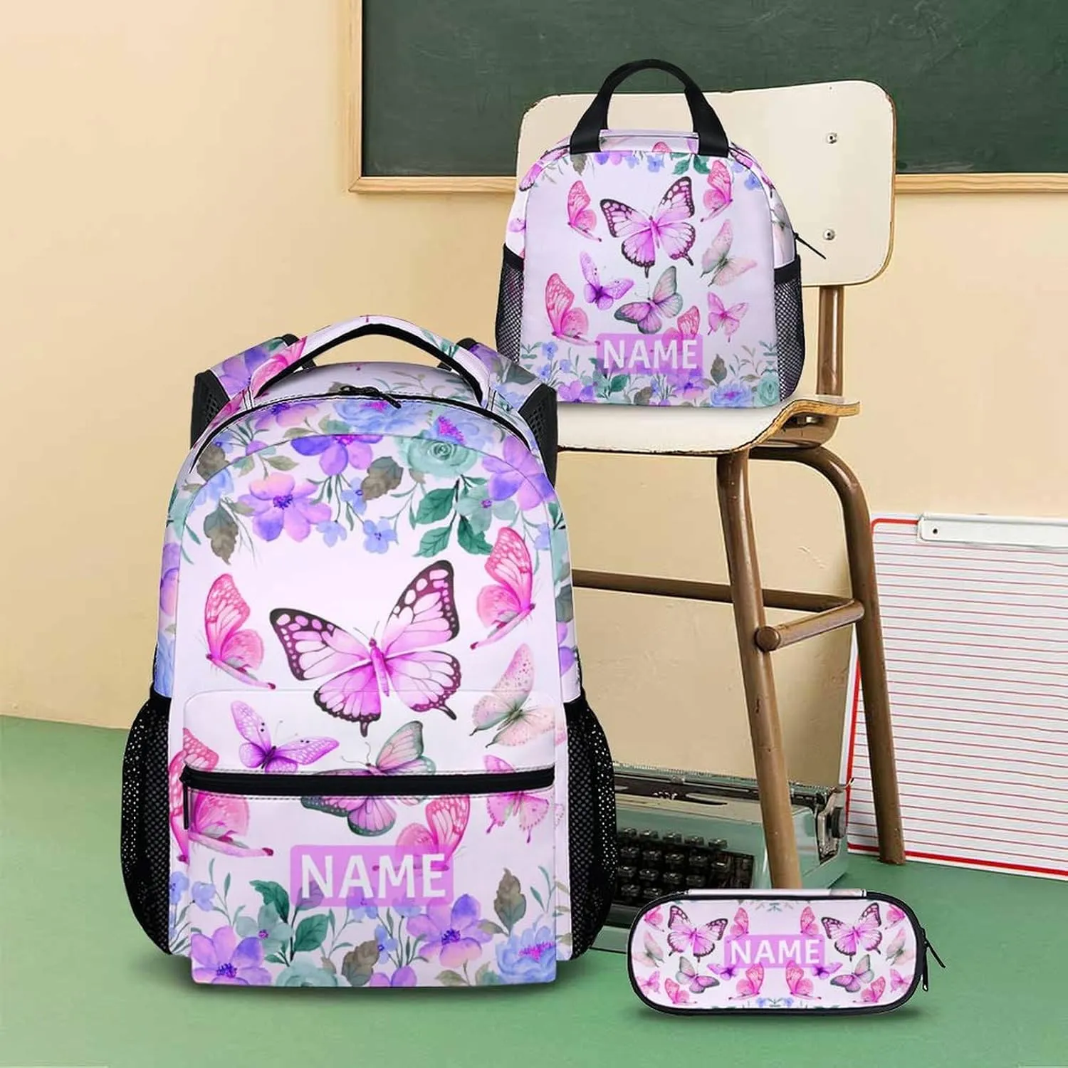 Personalized Girls Backpack for School, Butterfly Backpacks with Lunch Box Pencil Case for Girl Age 6-8, Custom Pink Kids Bookbag Combo for Preschool Elementary Middle