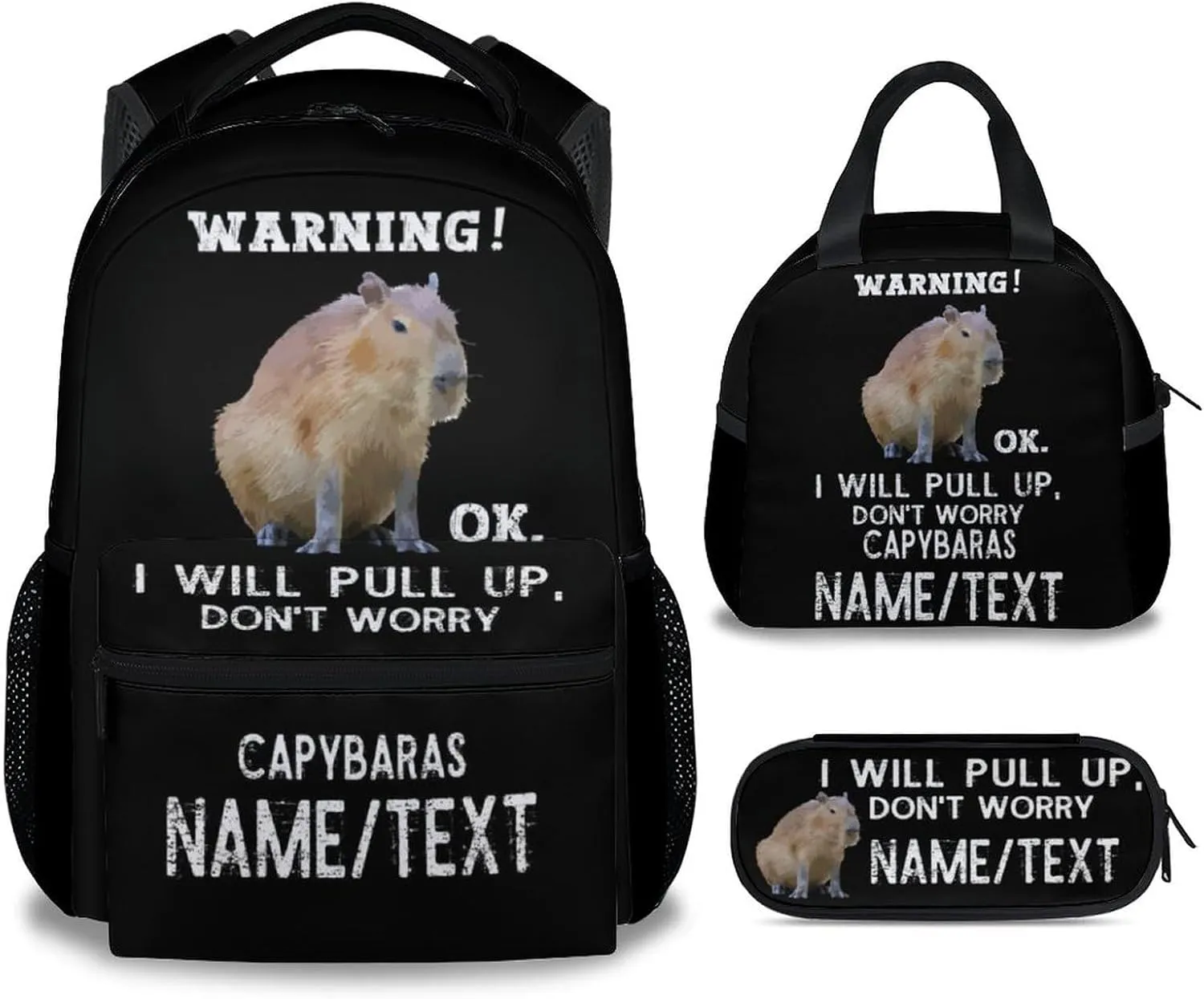 Personalized Name Backpack with Lunch Box - Set of 3 Custom School Backpacks Matching Combo - Funny Black Bookbag and Pencil Case Bundle