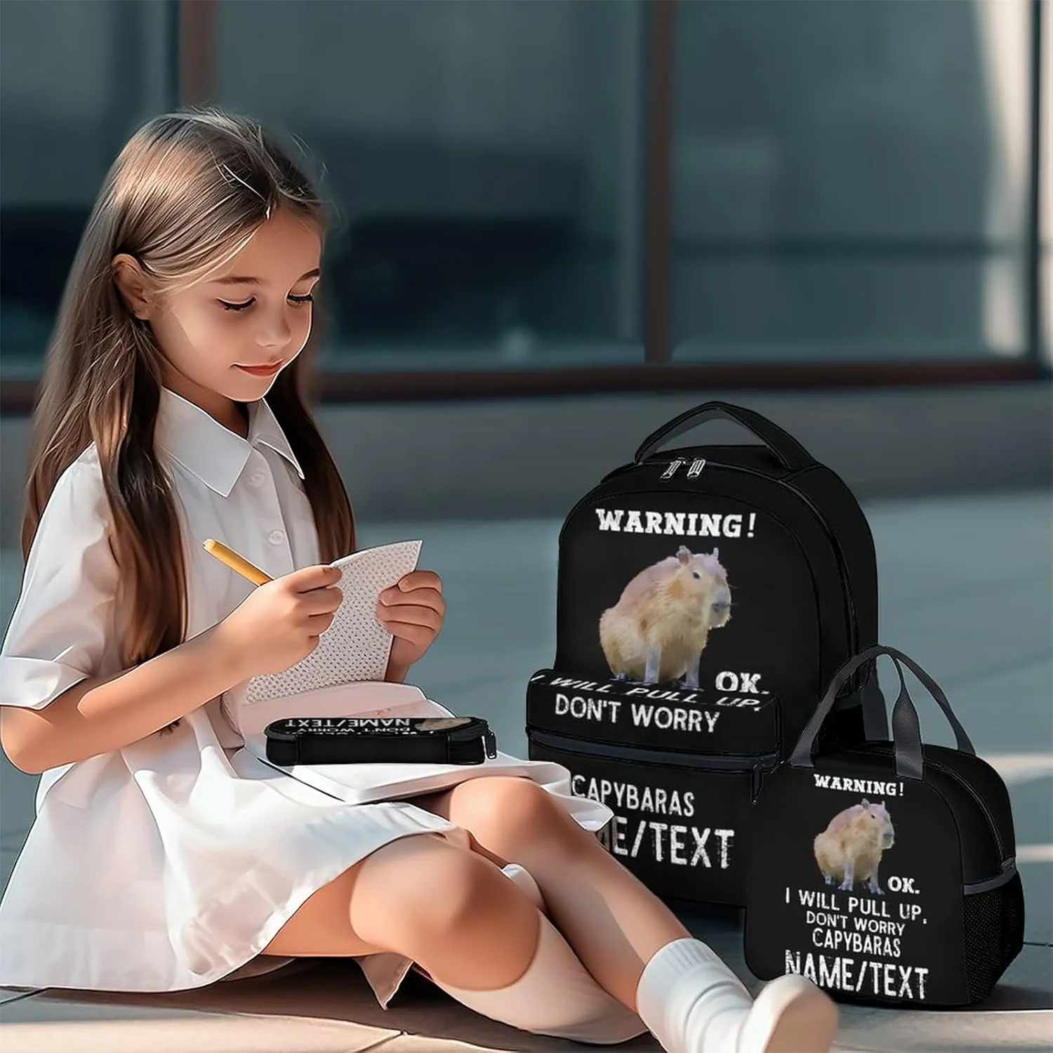 Personalized Name Backpack with Lunch Box - Set of 3 Custom School Backpacks Matching Combo - Funny Black Bookbag and Pencil Case Bundle