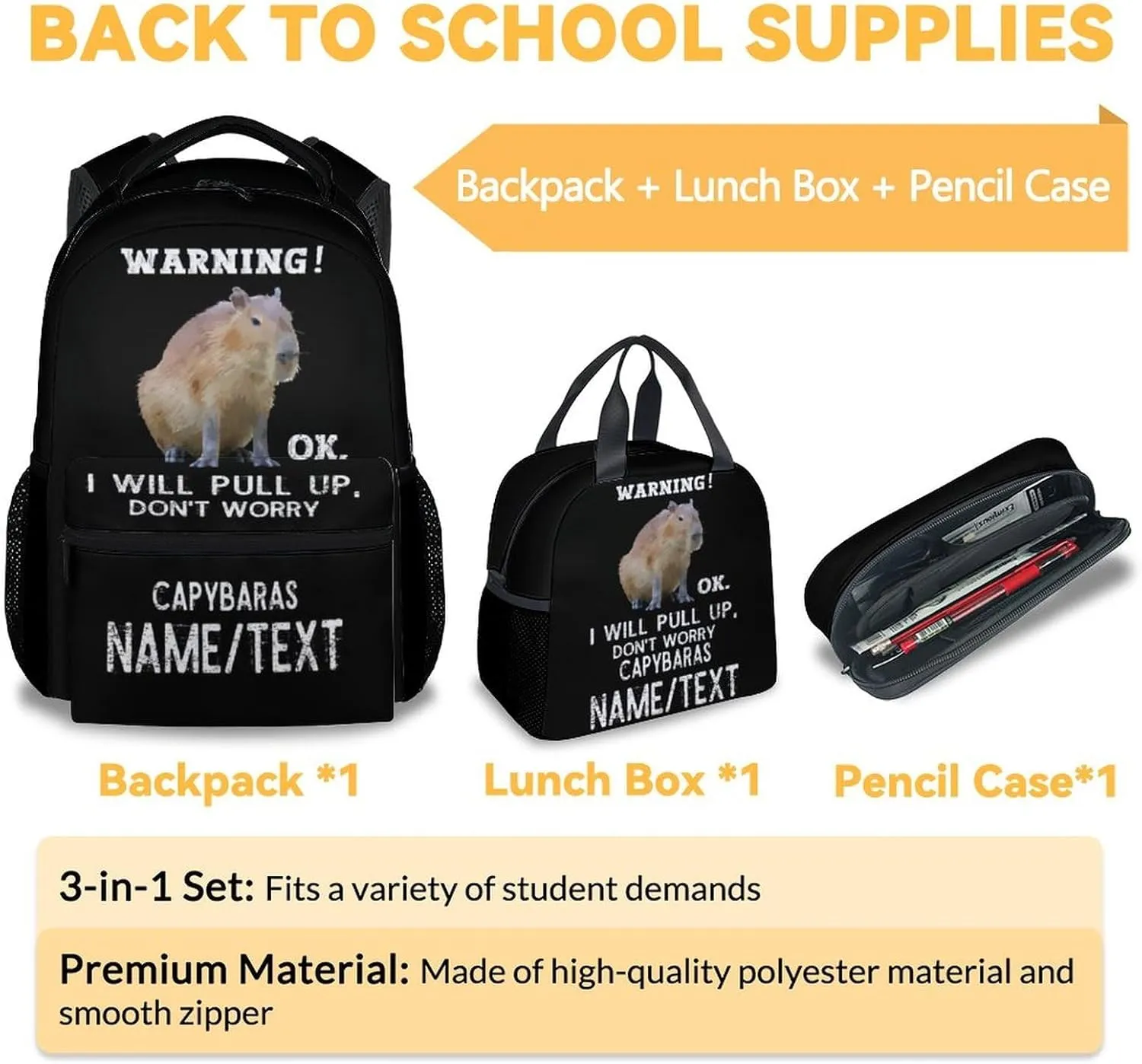 Personalized Name Backpack with Lunch Box - Set of 3 Custom School Backpacks Matching Combo - Funny Black Bookbag and Pencil Case Bundle