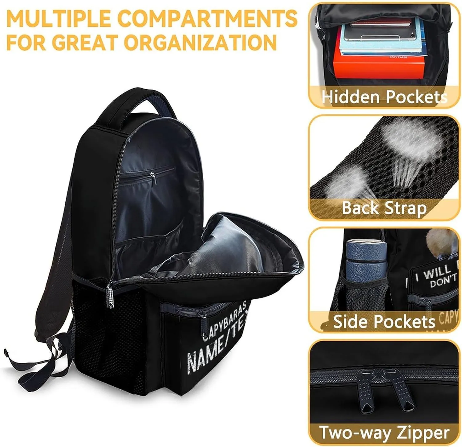Personalized Name Backpack with Lunch Box - Set of 3 Custom School Backpacks Matching Combo - Funny Black Bookbag and Pencil Case Bundle