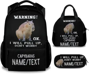 Personalized Name Backpack with Lunch Box - Set of 3 Custom School Backpacks Matching Combo - Funny Black Bookbag and Pencil Case Bundle