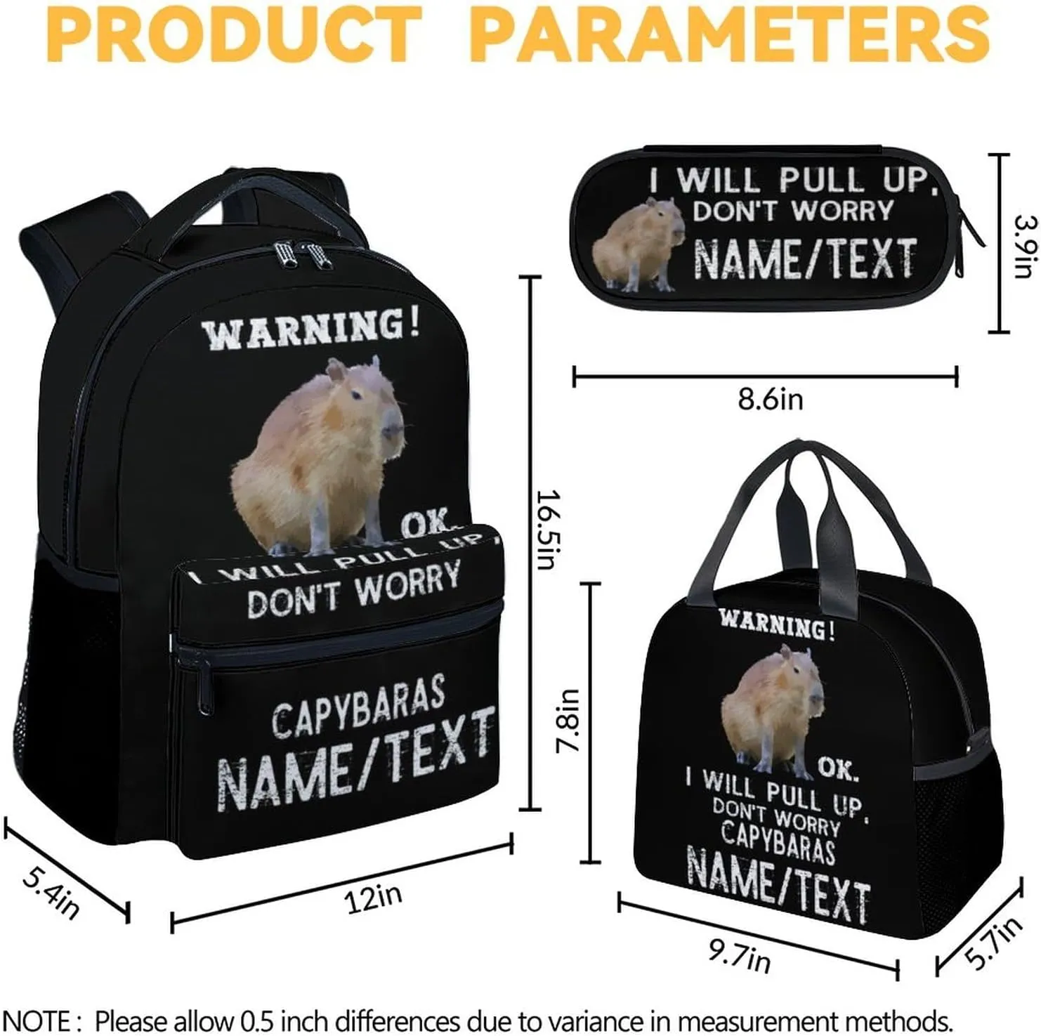 Personalized Name Backpack with Lunch Box - Set of 3 Custom School Backpacks Matching Combo - Funny Black Bookbag and Pencil Case Bundle