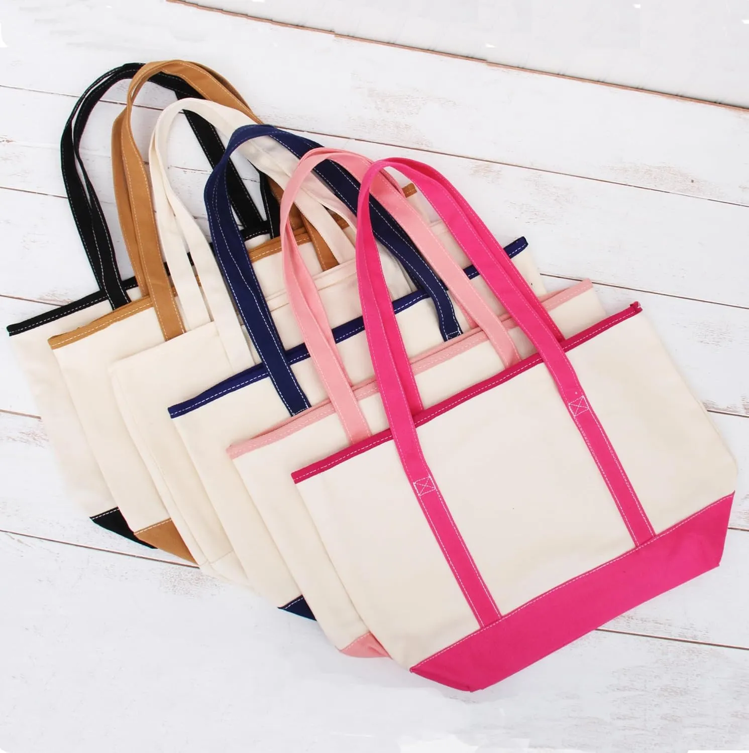 Personalized with Embroidery ThreadArt Large 100% Cotton Natural Canvas Tote Bag with Navy Handles - 18.5"x11.5"x5.5" - 14 oz Canvas - for Women, Shopping, Beach, Getaways, Gifts