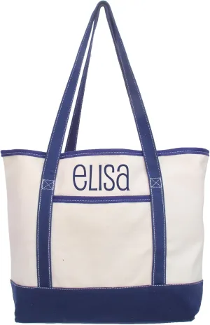 Personalized with Embroidery ThreadArt Large 100% Cotton Natural Canvas Tote Bag with Navy Handles - 18.5"x11.5"x5.5" - 14 oz Canvas - for Women, Shopping, Beach, Getaways, Gifts