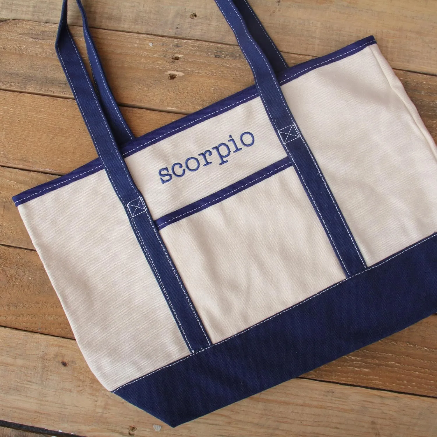 Personalized with Embroidery ThreadArt Large 100% Cotton Natural Canvas Tote Bag with Navy Handles - 18.5"x11.5"x5.5" - 14 oz Canvas - for Women, Shopping, Beach, Getaways, Gifts