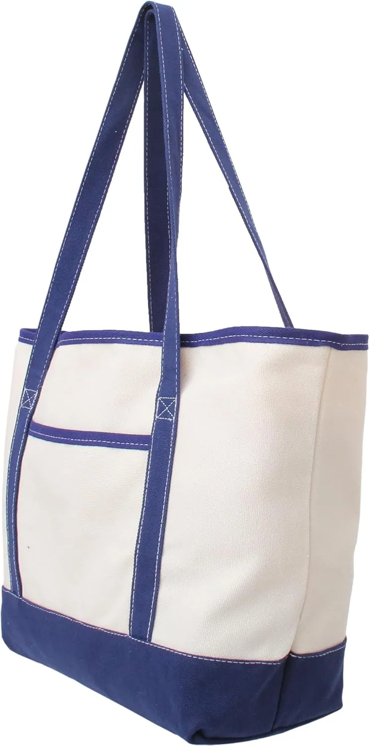 Personalized with Embroidery ThreadArt Large 100% Cotton Natural Canvas Tote Bag with Navy Handles - 18.5"x11.5"x5.5" - 14 oz Canvas - for Women, Shopping, Beach, Getaways, Gifts