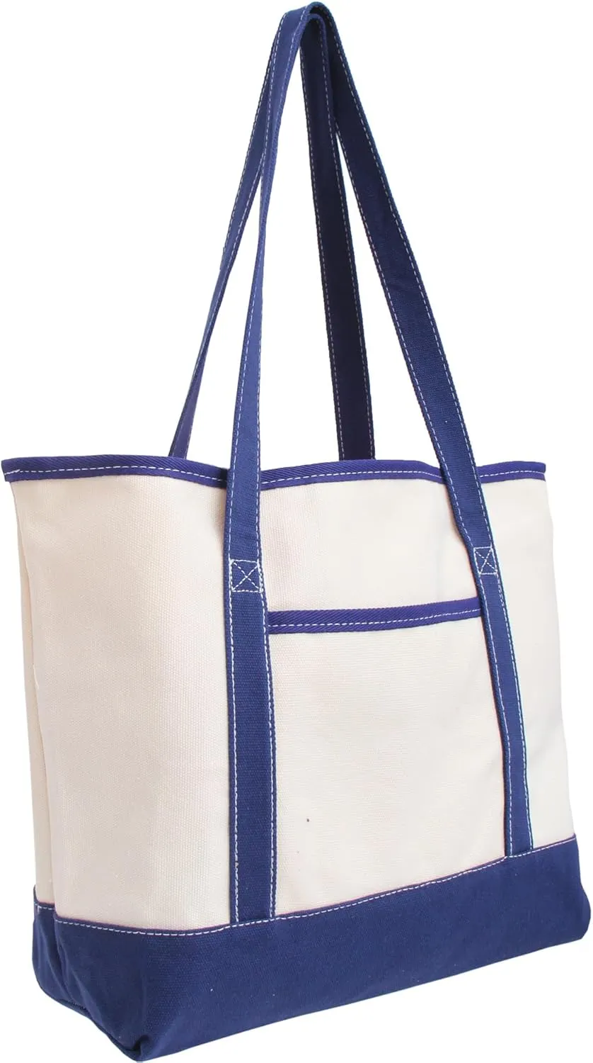 Personalized with Embroidery ThreadArt Large 100% Cotton Natural Canvas Tote Bag with Navy Handles - 18.5"x11.5"x5.5" - 14 oz Canvas - for Women, Shopping, Beach, Getaways, Gifts