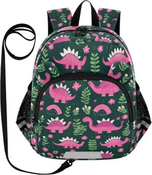 Pink Dinosaurs Preschool Backpack Pitaya Daycare Bookbag School Backpack with Traction Rope for Kids 3-6
