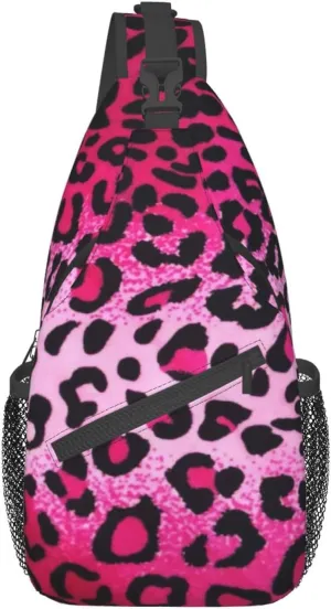 Pink Leopard Print Sling Bag Crossbody Backpack,Seamless Animal Skin Texture Leopard Pattern Chest Bag Adjustable Casual Shoulder Backpack Cute Cheetah Print Travel Hiking Daypack