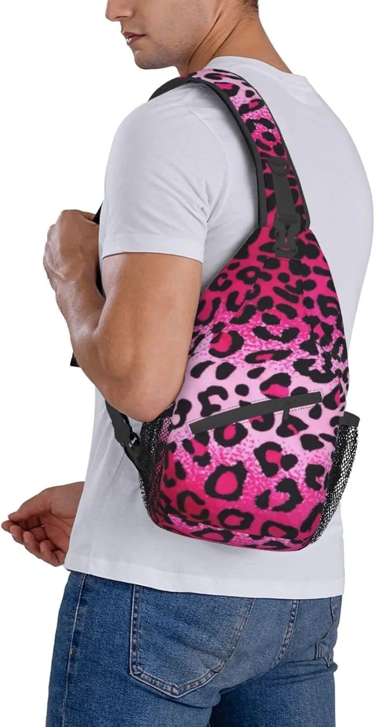 Pink Leopard Print Sling Bag Crossbody Backpack,Seamless Animal Skin Texture Leopard Pattern Chest Bag Adjustable Casual Shoulder Backpack Cute Cheetah Print Travel Hiking Daypack