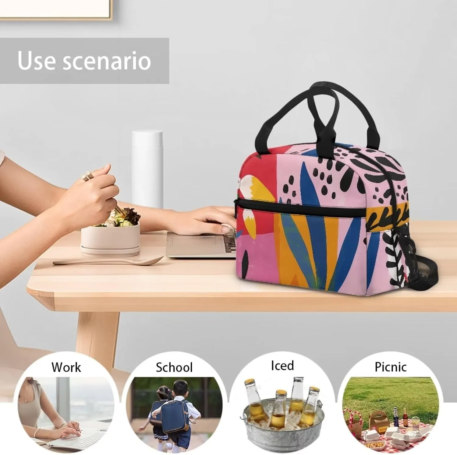 Plant Graffiti Kids Bento Lunch Box Lunch Box for Girls Primary School Lunchbox Preschool Lunch Tote Bag Kids Insulated Lunch Bag Children Cute Lunch Handbag with Adjustable Strap