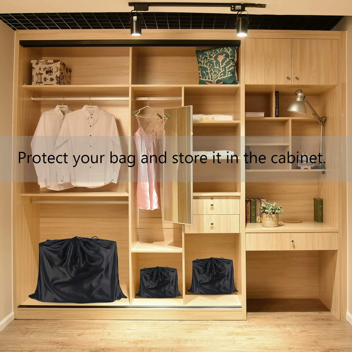 PlasMaller Dust Cover Storage Bags Silk Cloth with Drawstring Pouch For Handbags Purses Pocketbooks Shoes Boots Set of 6, Black (23.6 x 19.6 in)