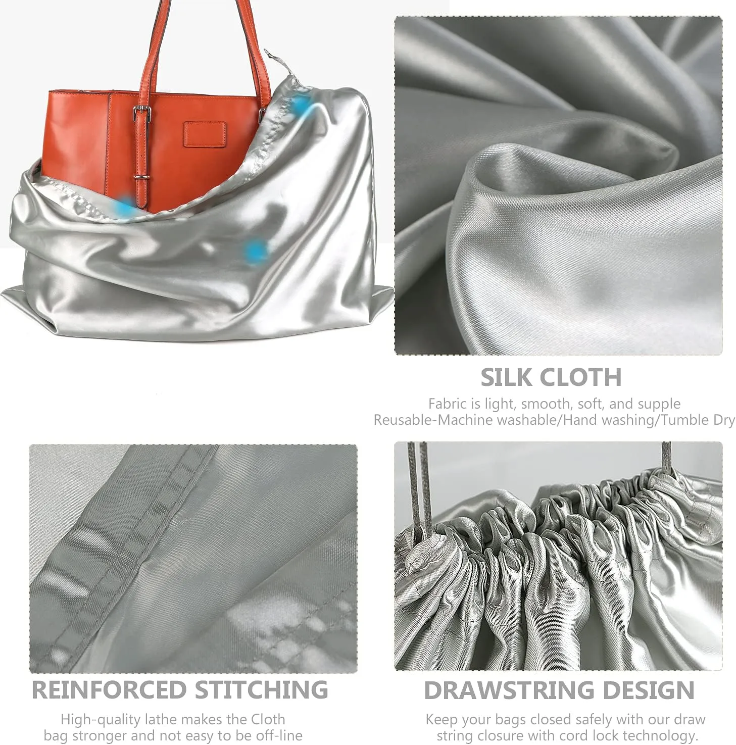 PlasMaller Dust Cover Storage Bags Silk Cloth with Drawstring Pouch For Handbags Purses Pocketbooks Shoes Boots Set of 6, Silver (23.6 x 19.6 in)