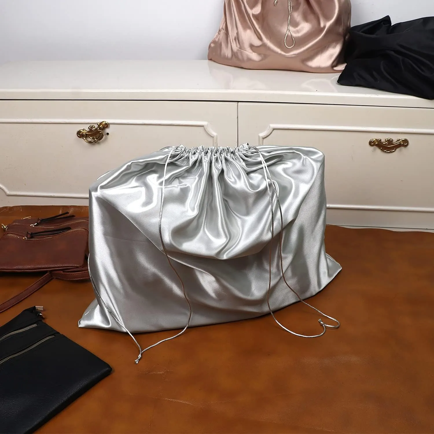 PlasMaller Dust Cover Storage Bags Silk Cloth with Drawstring Pouch For Handbags Purses Pocketbooks Shoes Boots Set of 6, Silver (23.6 x 19.6 in)